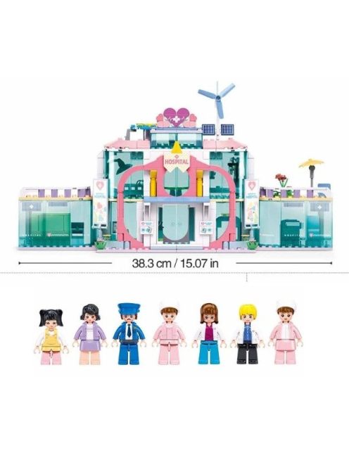 Конструктор Sluban Girl's Dream: Болница с линейка с движение чрез издърпване назад (668 ел.) с 7 фигурки, 52х38х8 см