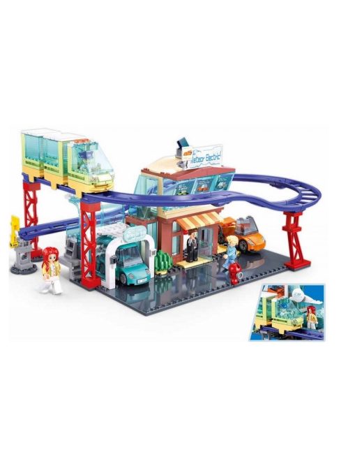 Конструктор Sluban Сити Метрополис Магазин за ел. коли и зарядна станция 402 ел. с 5 фигурки, 48х29х7 см