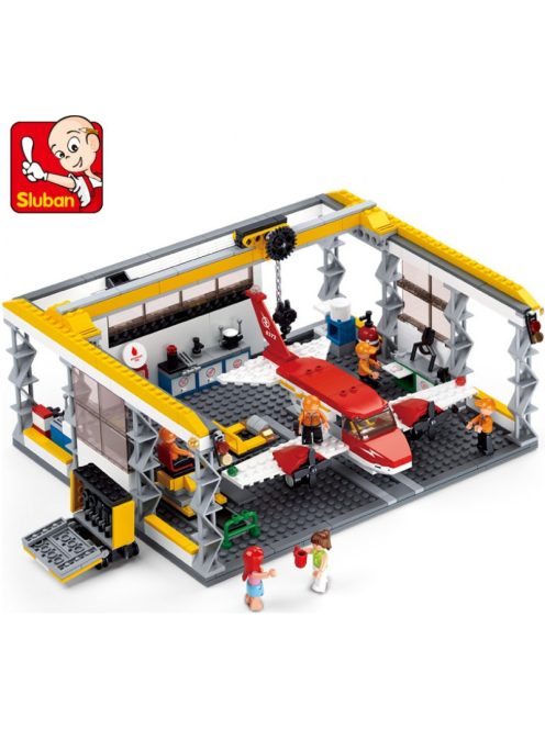 Конструктор Sluban Авиация Самолет в Ремонтен Хангар 599 ел. с 6 фигурки 52х38х8