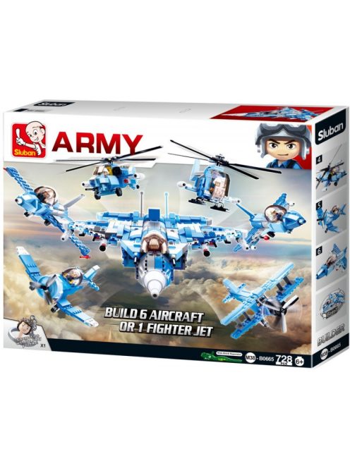  конструктор Sluban Армия Изстребител 6 в 1 сглобете 6 отделни модела в голям изстребител с 6 фигурки 728 ел. 48х38х8
