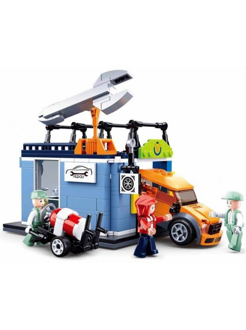 Конструктор Sluban Сити Автосервиз с кола с подемник 340 ел. с 3 фигурки 38х29х7