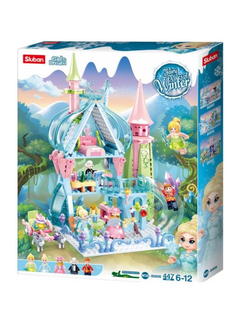 Конструктор Sluban Girl's Dream: Приказен Зимен замък (447 ч.) с 5 фигурки, 43х33х7 см