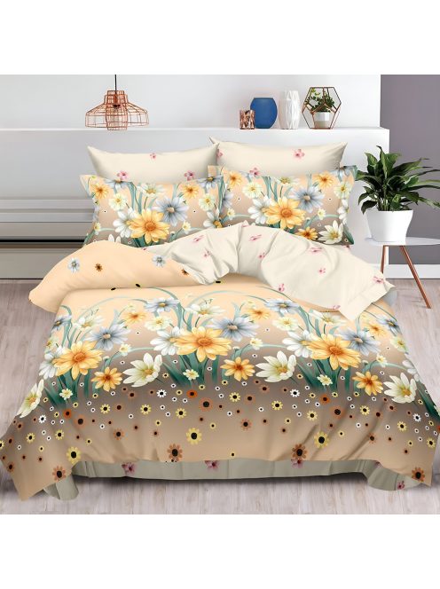 Двулицево спално бельо с ластик Цветя, 6 части, 14750. 200 x 230 см, Многоцветен/Беж