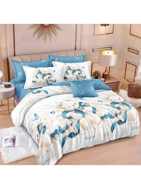 Двулицево спално бельо с ластик Мече, 6 части, 17917. 200 x 230 см, Бял/Син