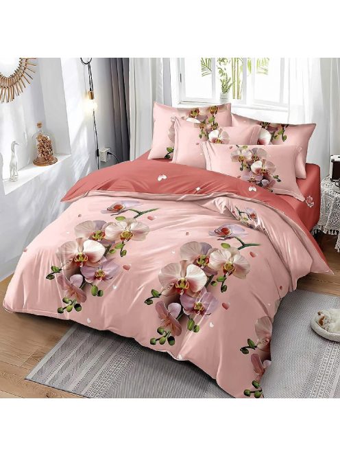 Двулицево спално бельо с ластик Орхидея, 6 части, 18362. 200 x 230 см, Светло Роз