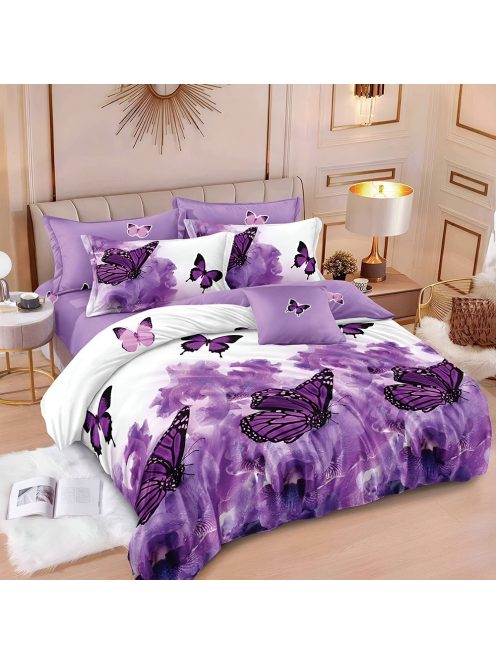 Двулицево спално бельо с ластик Пеперуди, 6 части, 18523/18536. 200 x 230 см, Бяло/Лилав