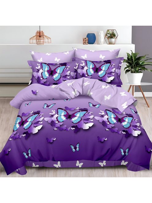 Двулицево спално бельо с ластик Пеперуди, 6 части, 18525. 200 x 230 см, Бяло/Лилав