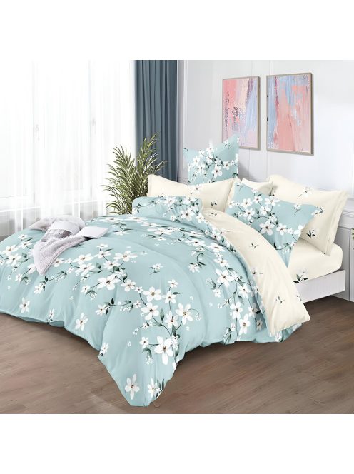 Двулицево спално бельо с ластик Цветя, 6 части, 18527. 200 x 230 см, Светлосин / Кремав