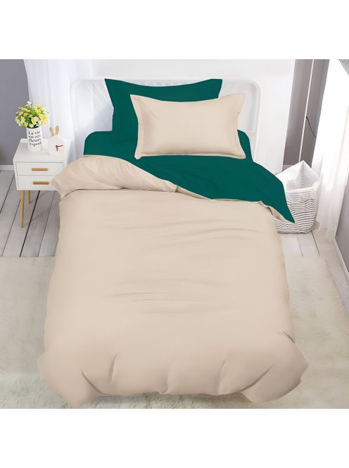 Двулицево спално бельо с ластик (размер за приста), 4 части, 160 х 200 см, Бежаво/Зелено