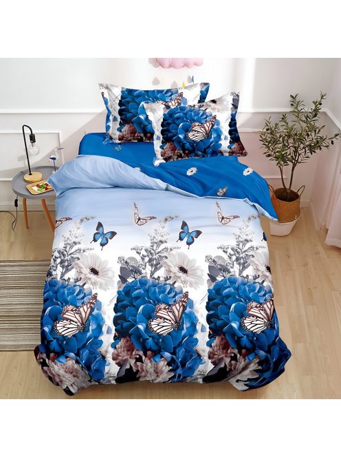 Двулицево спално бельо без ластик (размер за Приста) Butterfly 18694, 4 части, 155 х 200 см, Бял/Син