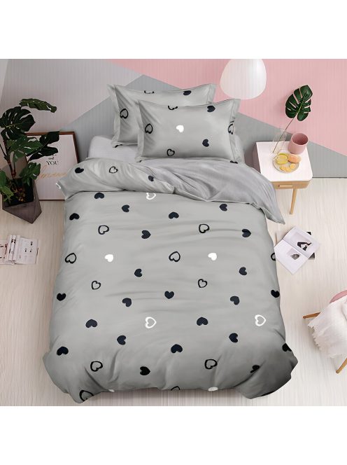 Двулицево спално бельо без ластик (размер за Приста) Hearts 18698, 4 части, 155 х 200 см, Сив