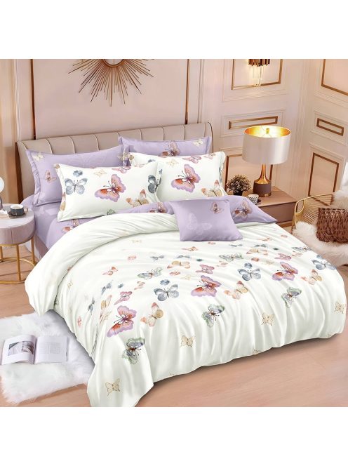 Двулицево спално бельо с ластик Пеперуди, 6 части, 18910. 200 x 230 см, Бяло/Светлолилаво