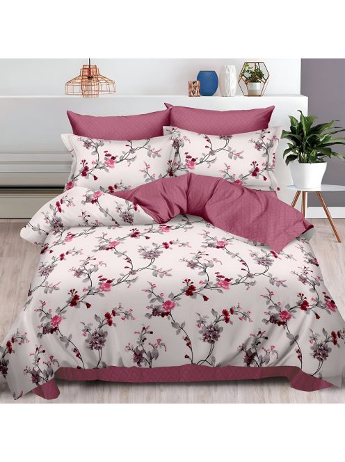 Двулицево спално бельо с ластик Цветя, 6 части, 18966. 200 x 230 см, Бежаво/Розово