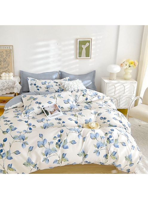Двулицево спално бельо с ластик Цветя, 6 части, 18969. 200 x 230 см, Бял/Син